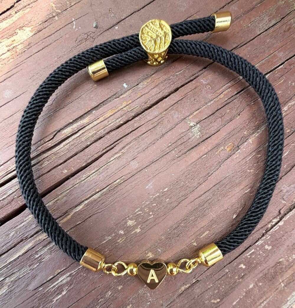 Black Rope Letter "A" Gold Heart Bead Bracelet Women Minimalist Adjustable